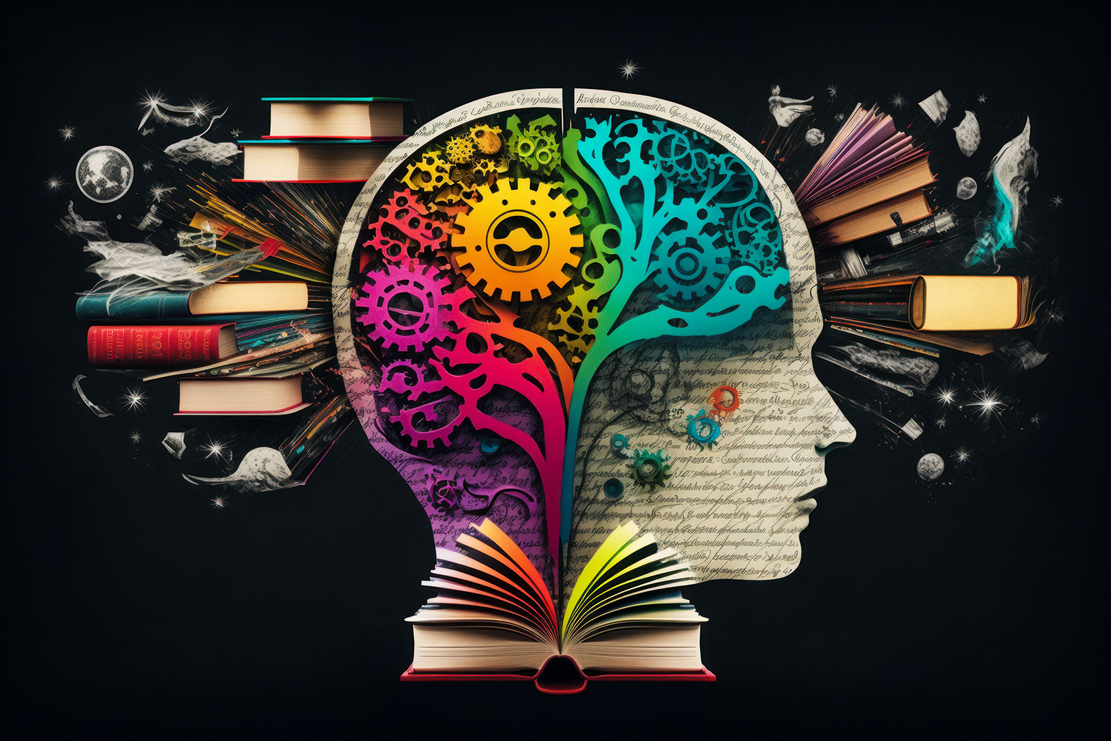 Colourful illustration of a thinking mind with books and gears