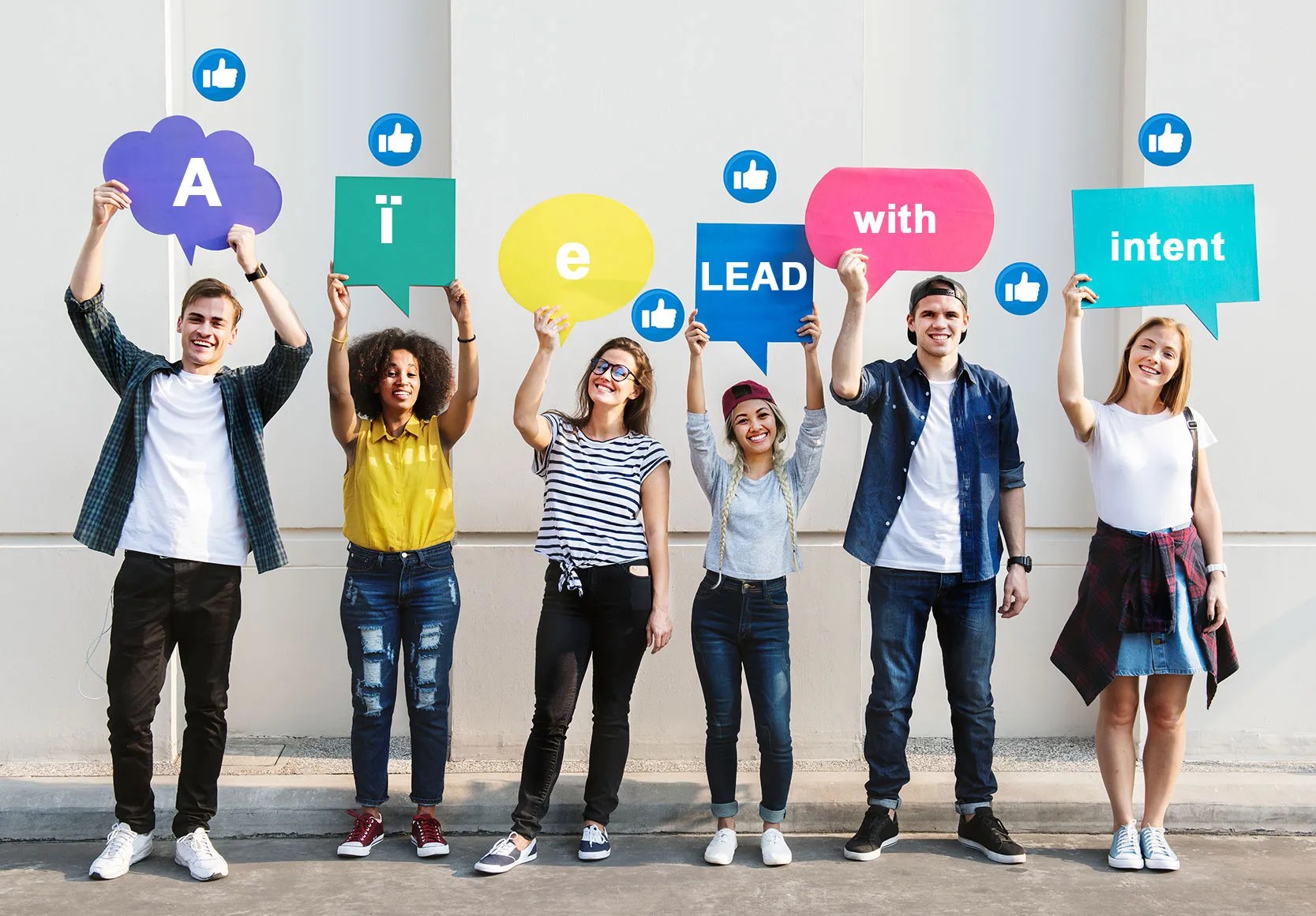 Young people holding speech bubbles spelling AïeLEAD – LEAD with intent