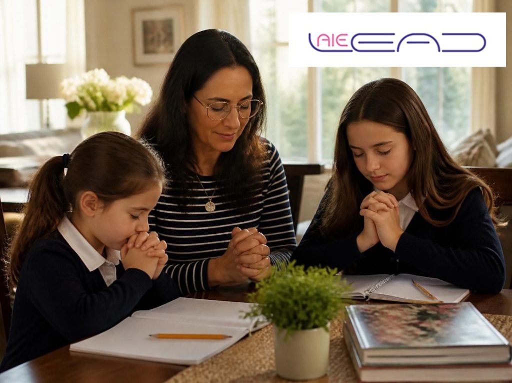 A mother and her two daughters praying together at the kitchen table