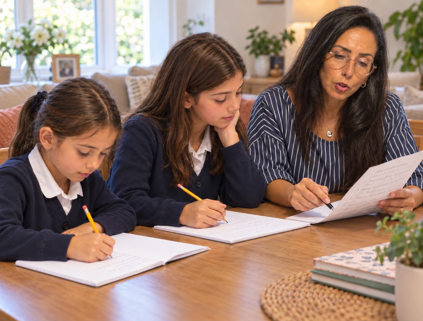 Lara Khneisser tutoring two pupils with maths and science work at a table