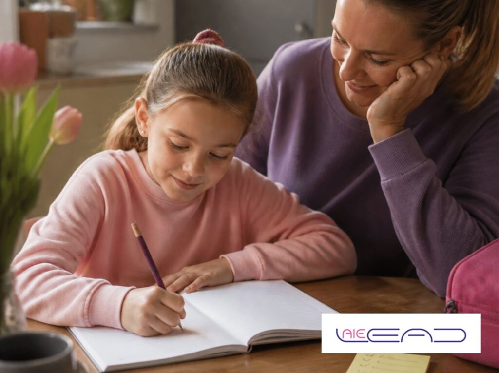 A mother supports her daughter with homework using a simple visual checklist.